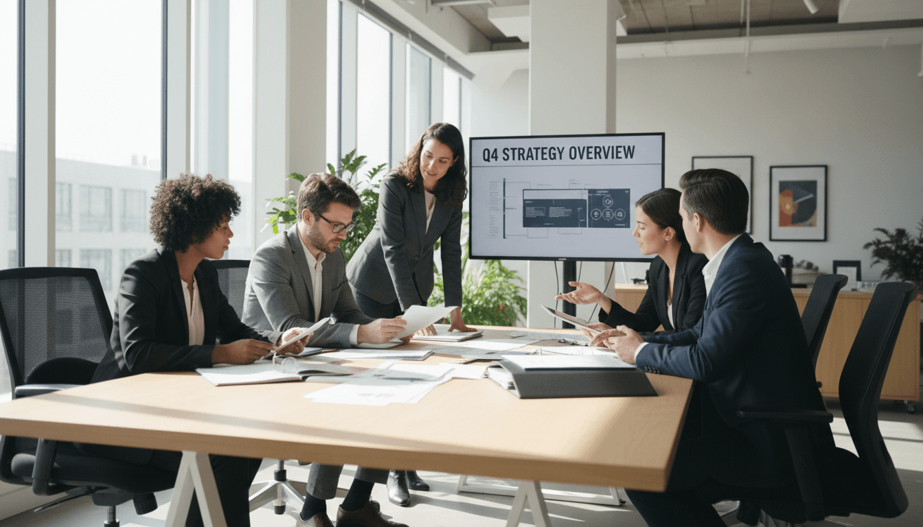 Business team reviewing documents in a modern office with natural light.