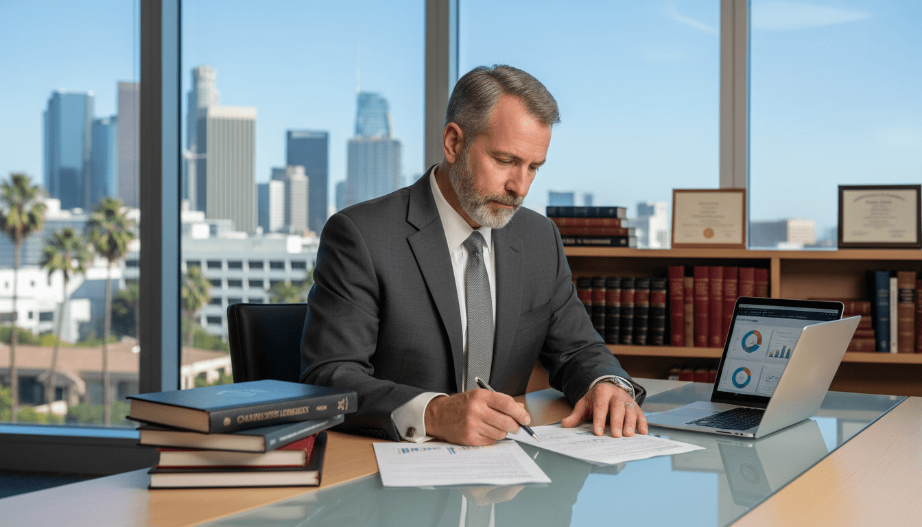 Dan Stoutamire reviewing leadership materials at a modern office desk