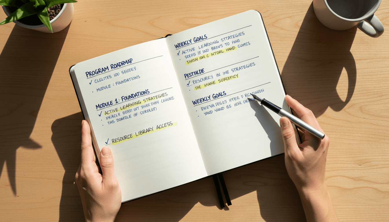 Close-up of structured notes in notebook with pen