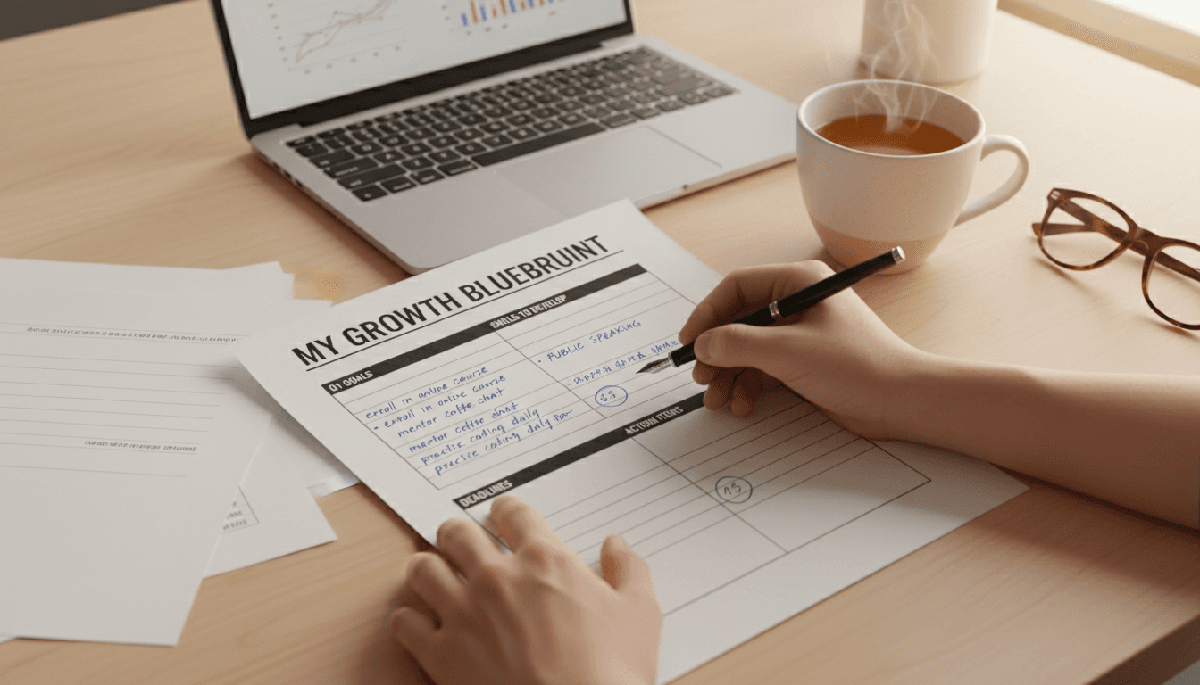 A personalized development plan document on a desk