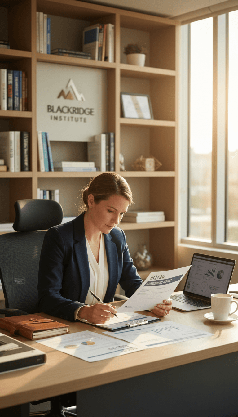 Leadership professional reviewing development materials at desk