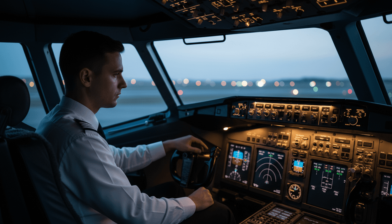 Pilot performing pre-flight verification in aircraft cockpit with focused attention to instruments