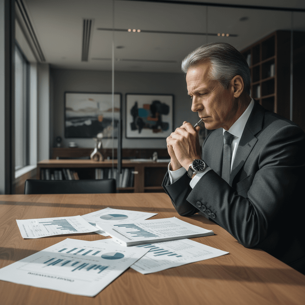 Executive reviewing financial reports and data spreadsheets at conference table in contemporary office