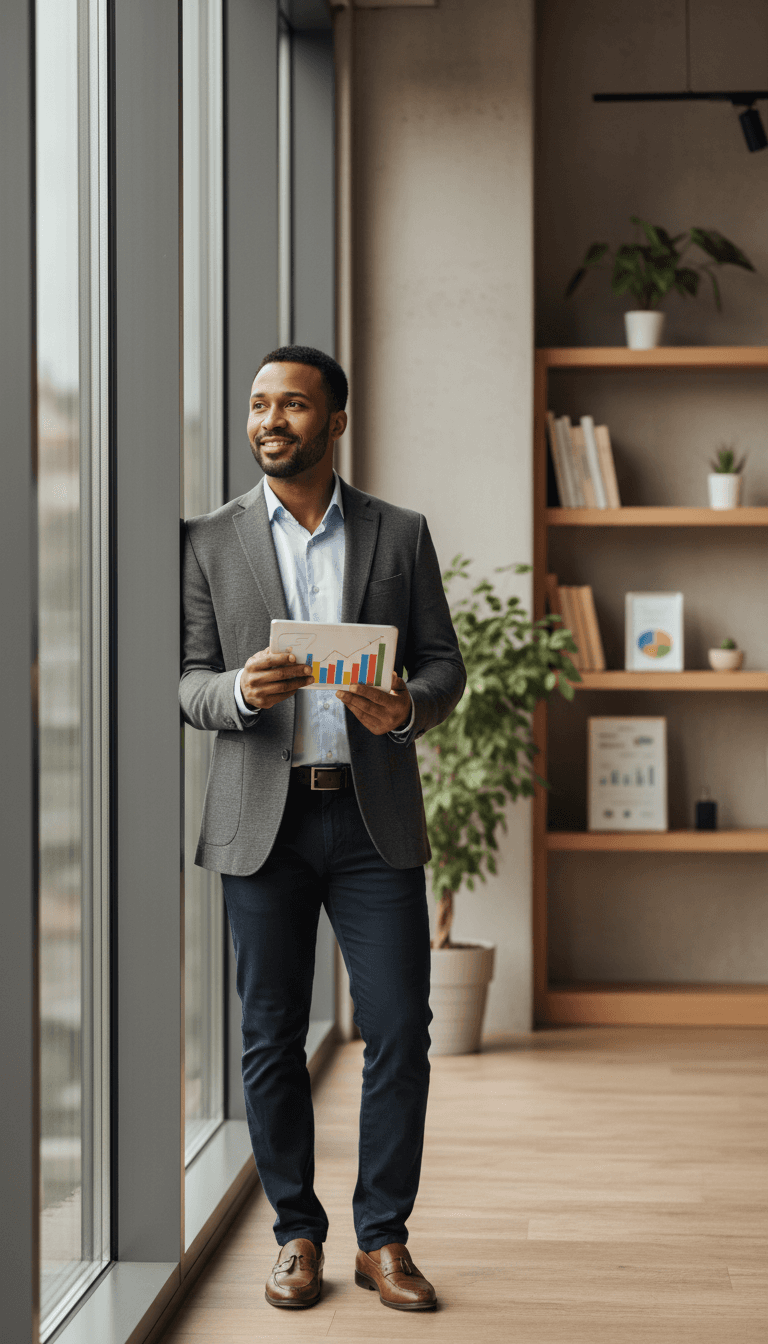 Professional male financial coach standing in modern office holding tablet with financial charts