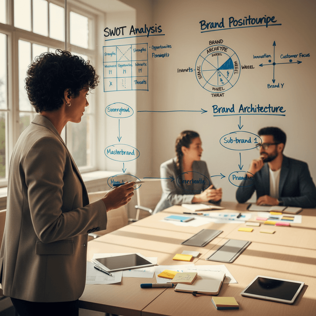 Consultant reviewing brand positioning framework on whiteboard during strategy workshop with team collaboration