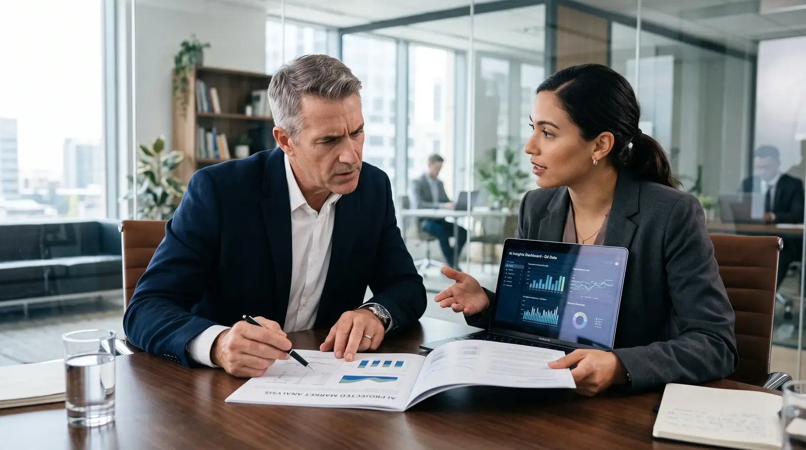 Professional reviewing another employee's work in a moment of evaluation and judgment.