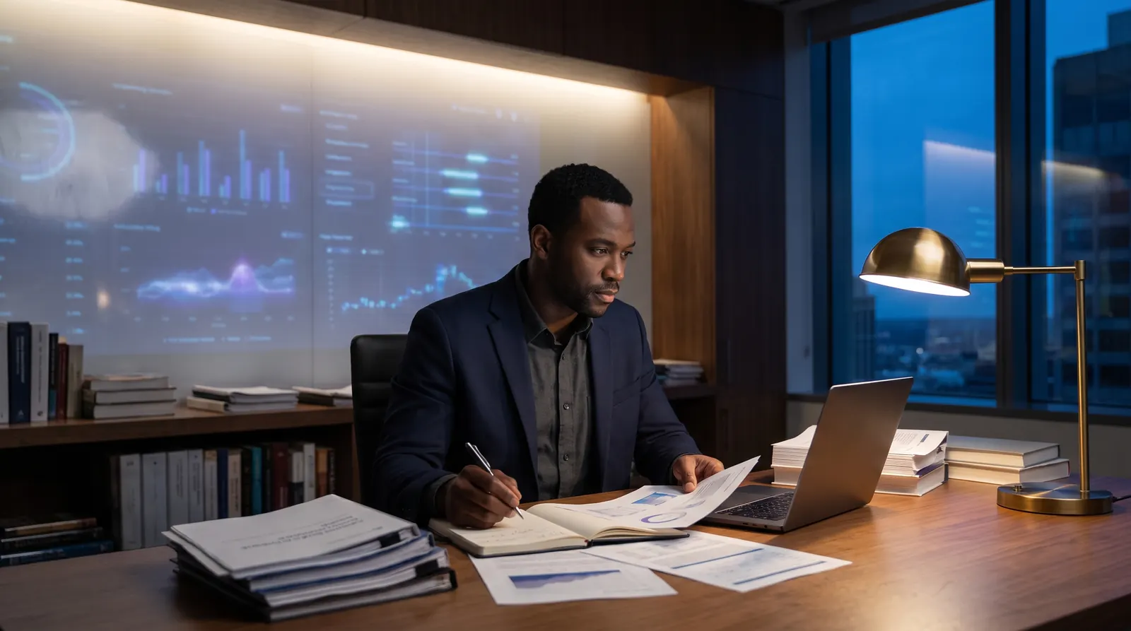Thoughtful professional in a modern workspace reviewing information carefully.