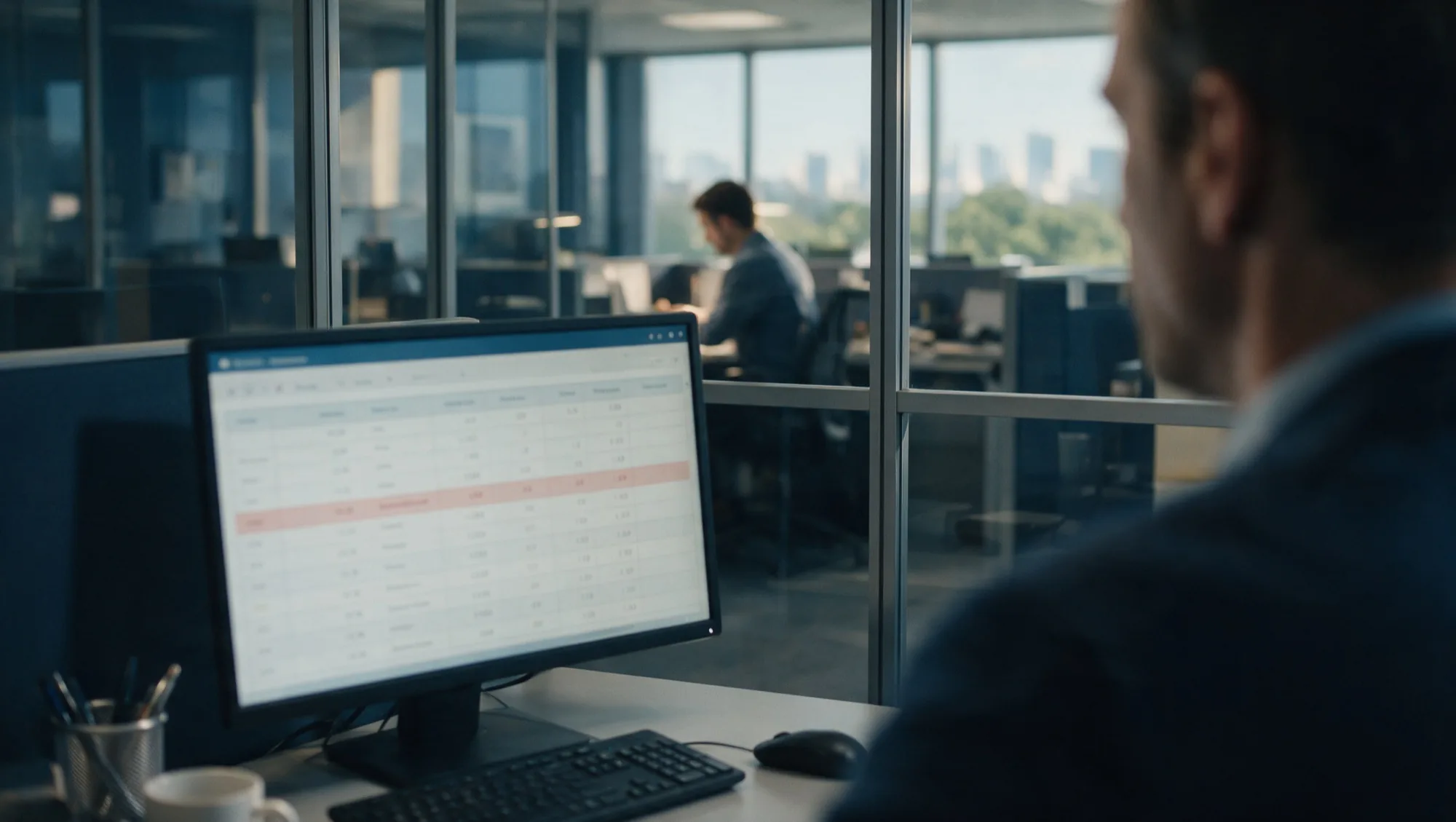 A flagged row on a monitor, and beyond the glass the employee that record describes
