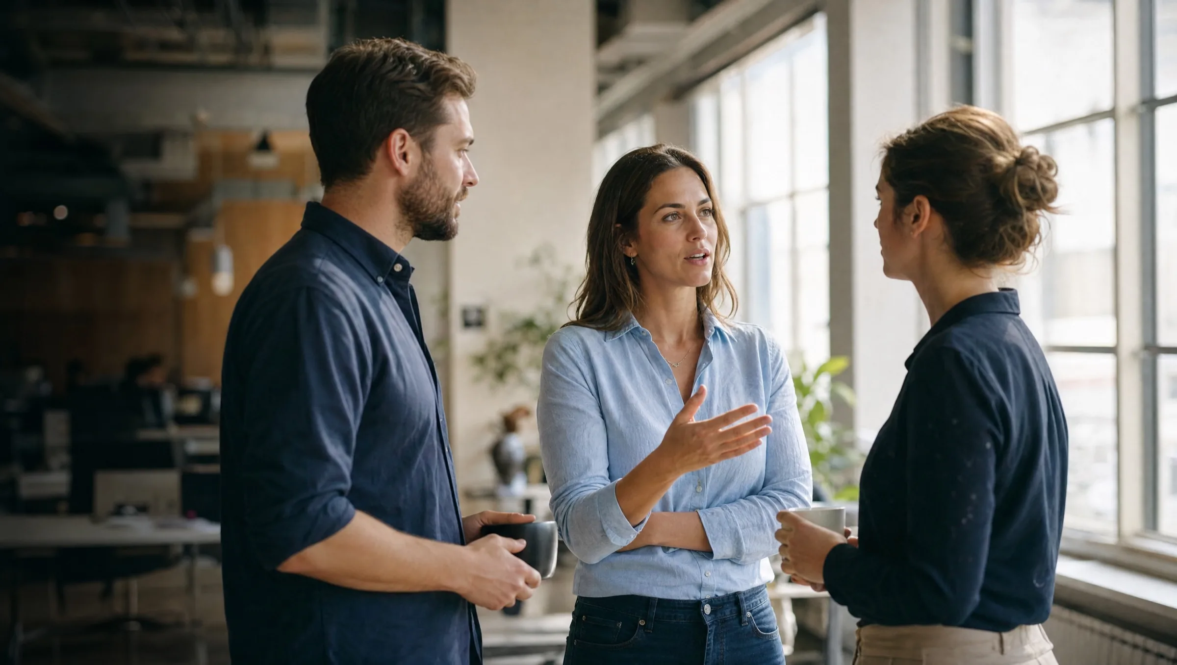 Colleagues from different functions in conversation