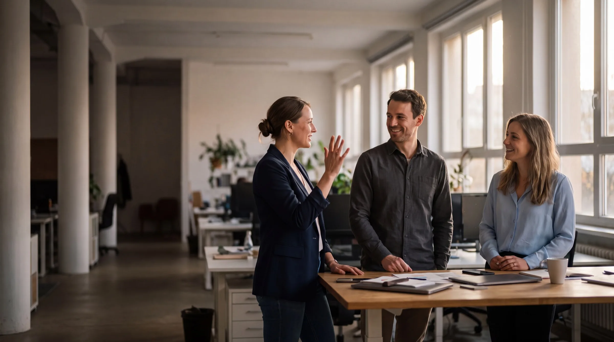 A newly promoted manager talking with colleagues of the same level