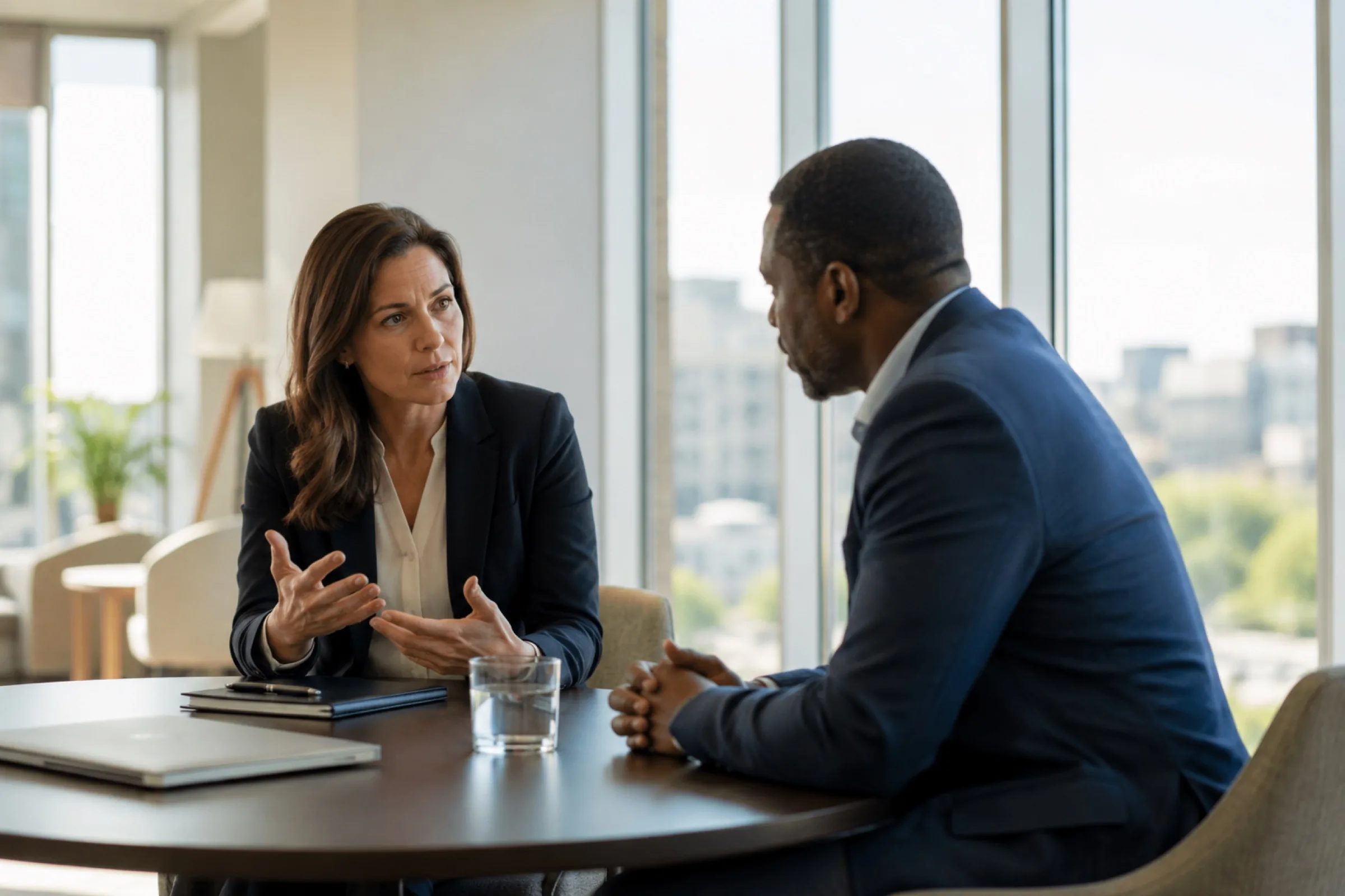 A leader in conversation with one of their managers