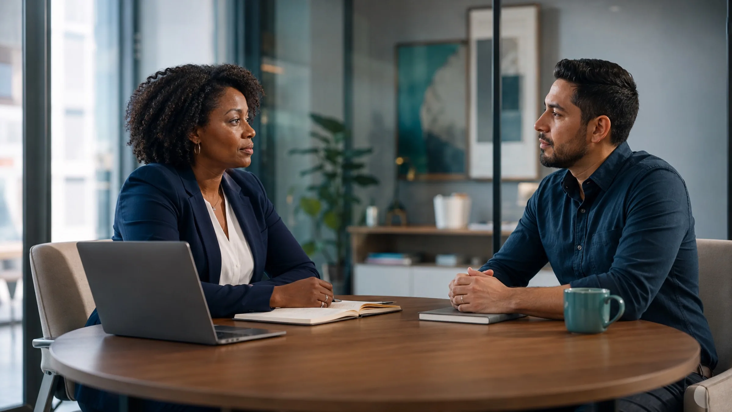 Two people in conversation across a table