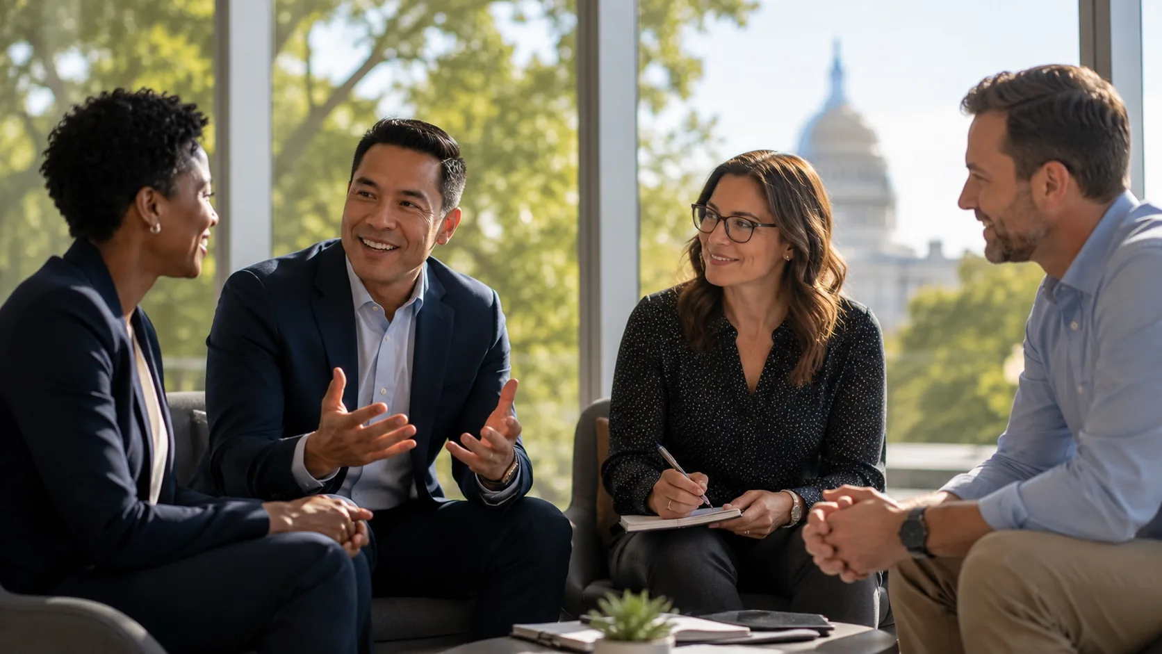 Federal leaders in discussion, the Capitol visible beyond