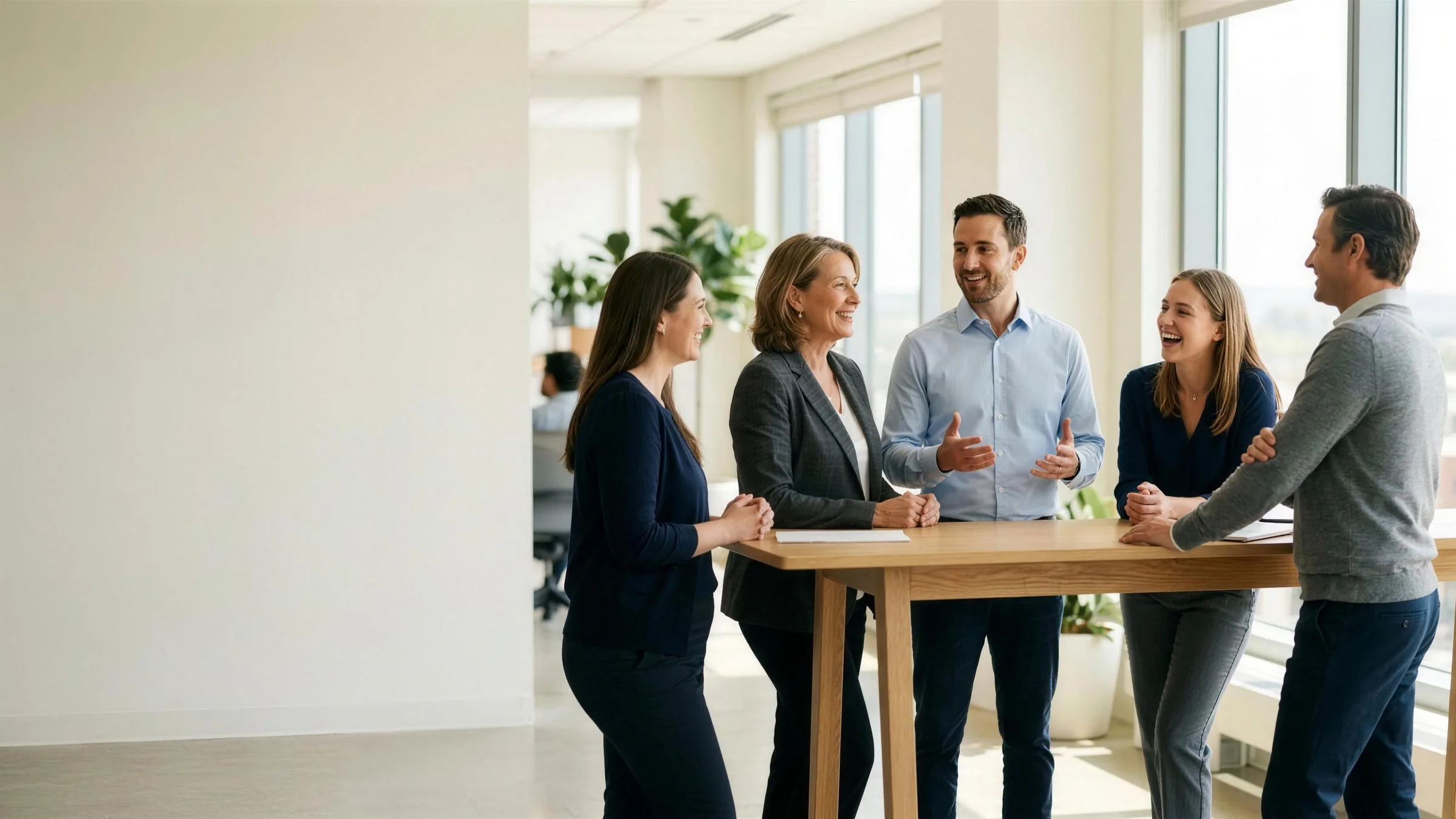 Five colleagues at different levels of leadership talking together at a standing-height table