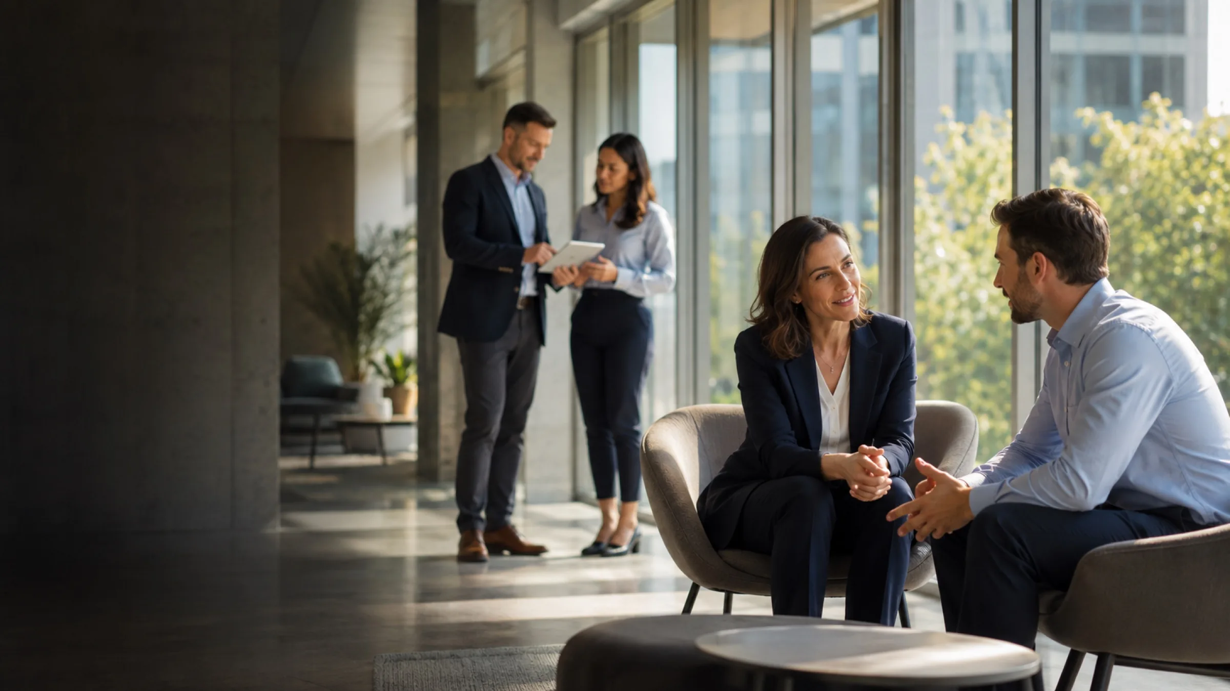 Two leadership conversations happening at once in an open workspace