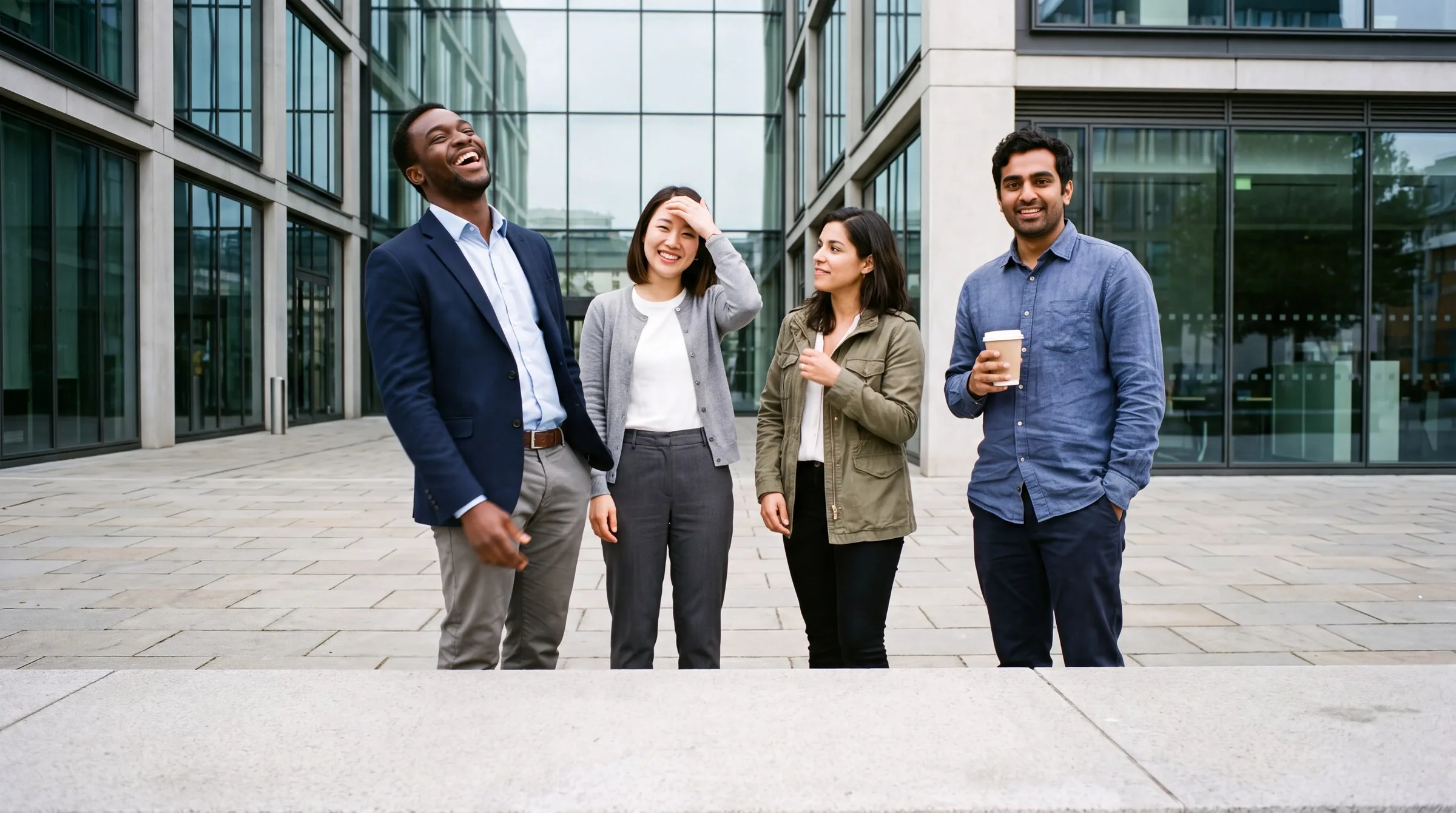 Colleagues outside an office building between sessions