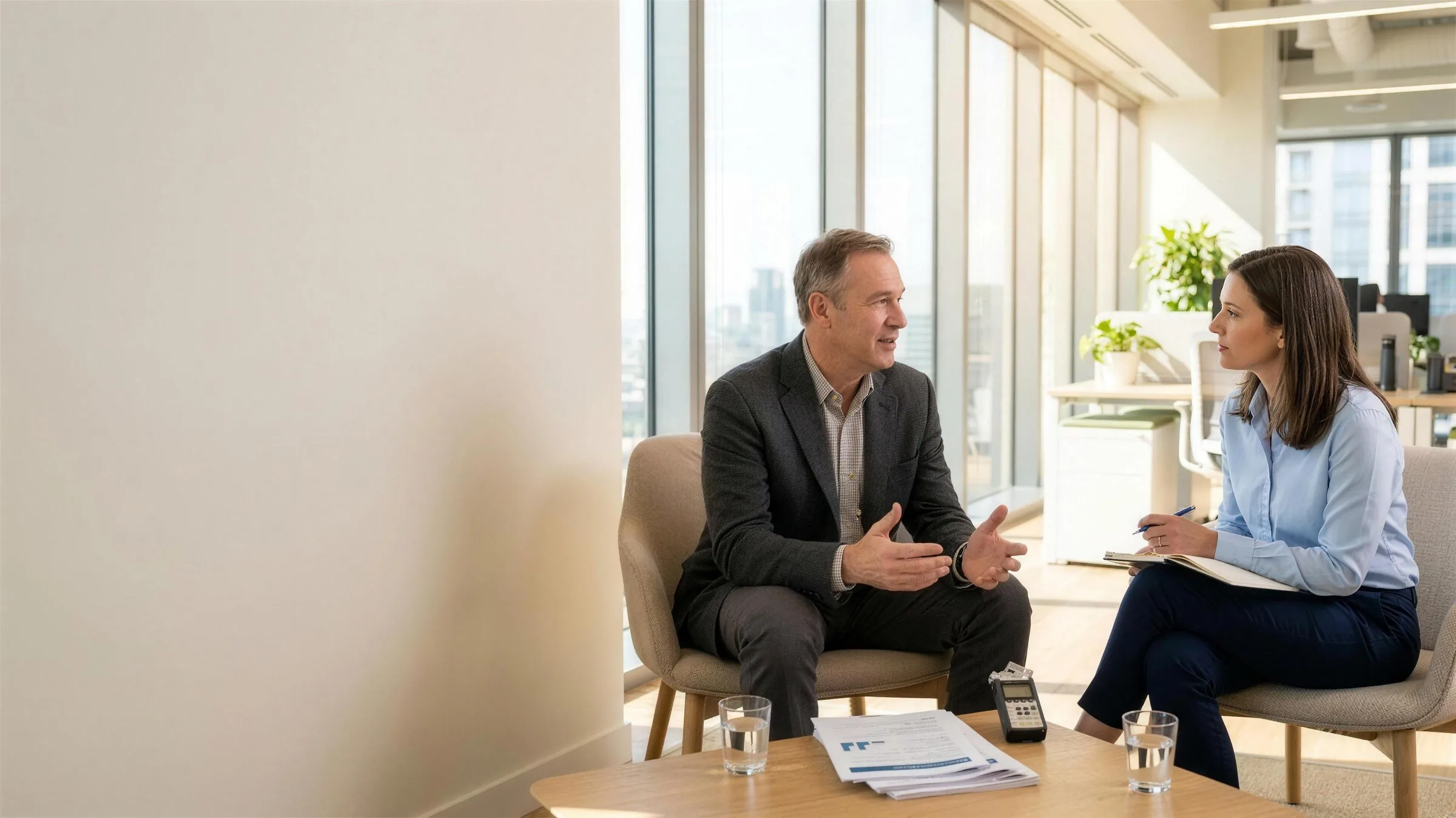 A founder being interviewed, printed research on the table