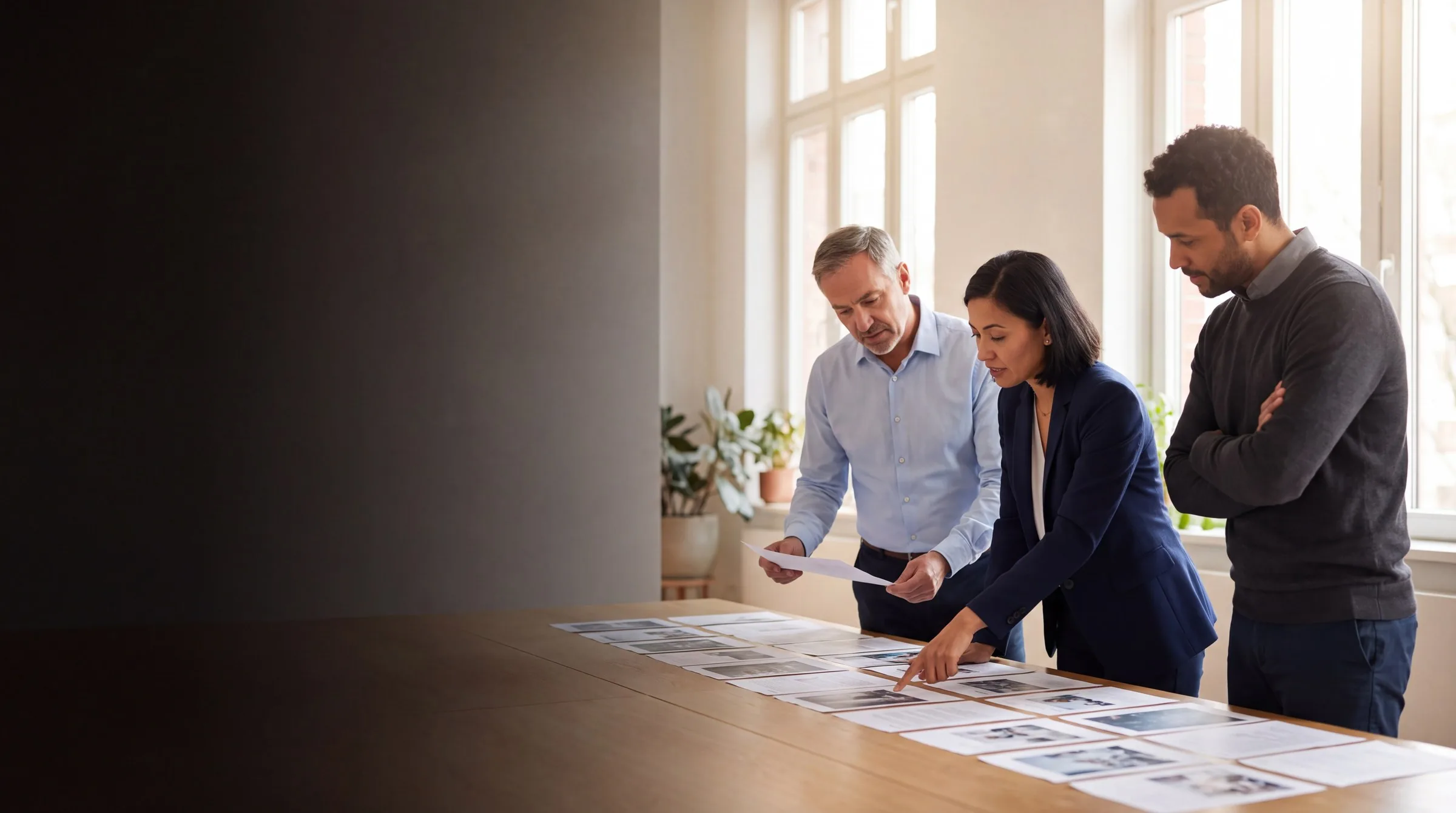 Three colleagues working through printed pages laid out in sequence