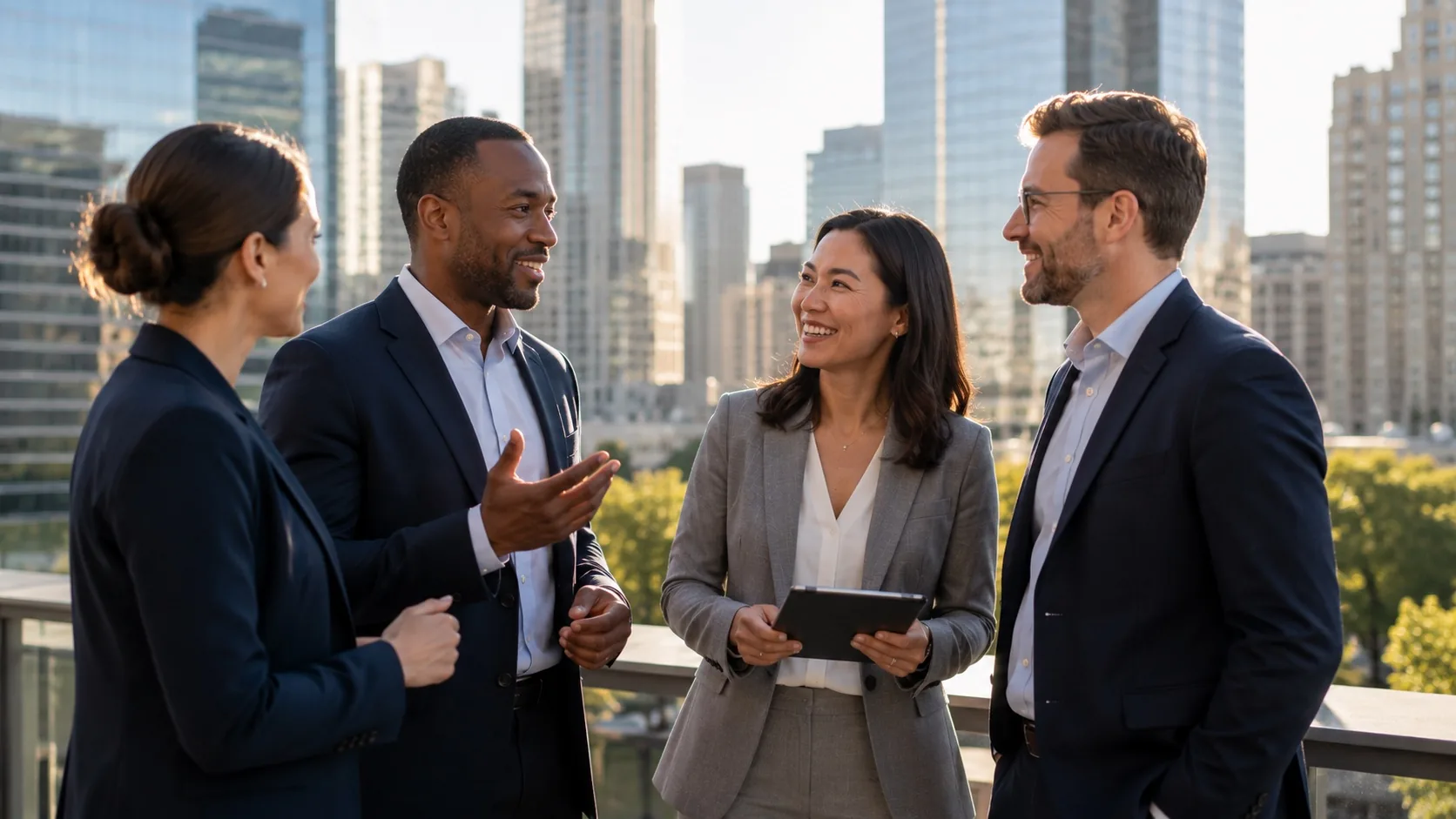 Four leaders in conversation on a terrace