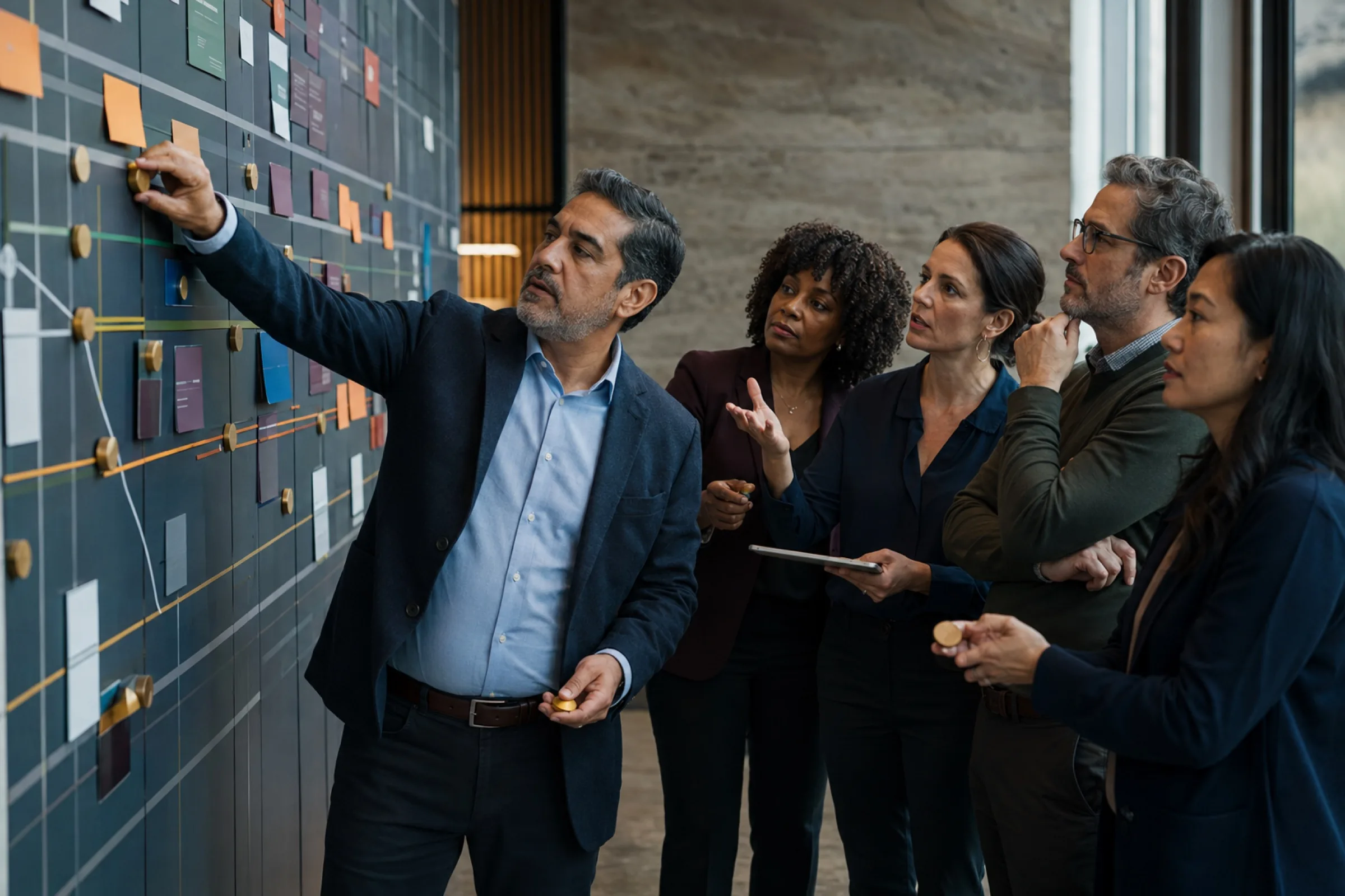 Leaders working through priorities at a strategy wall