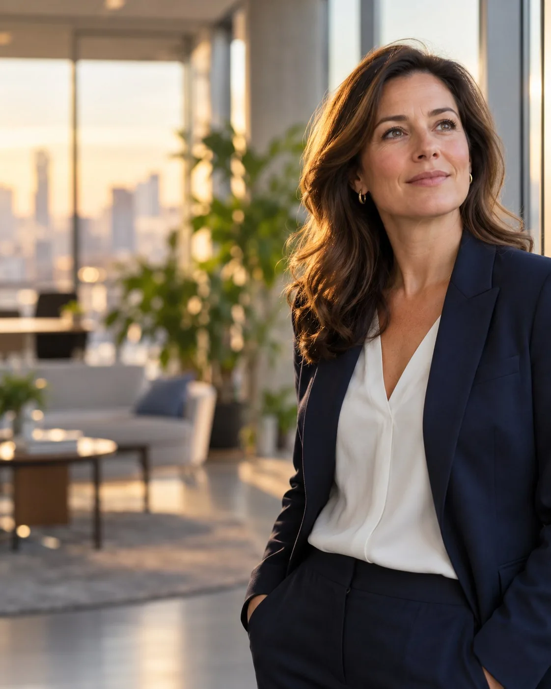 A confident senior leader stands in a sunlit office