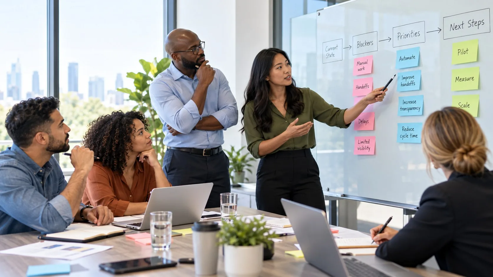 A manager leads her team through a plan at a whiteboard