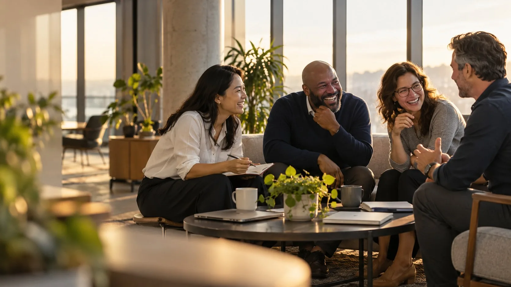 A senior leader and several managers talk through a decision together