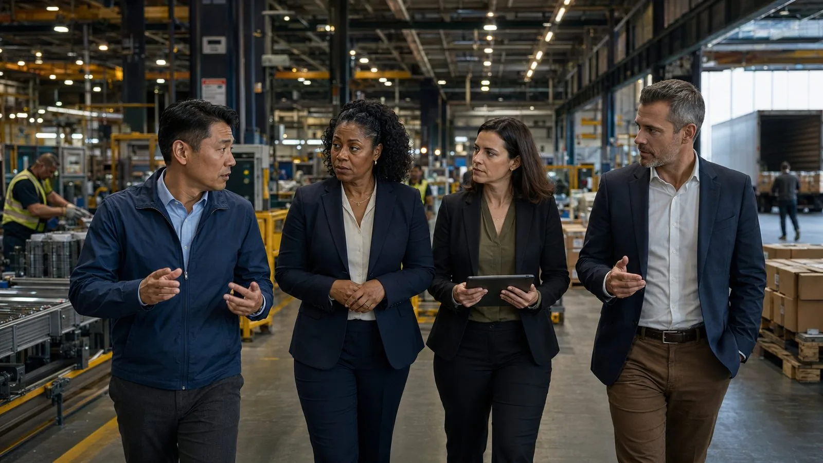 A diverse executive team moving through a working manufacturing and logistics system