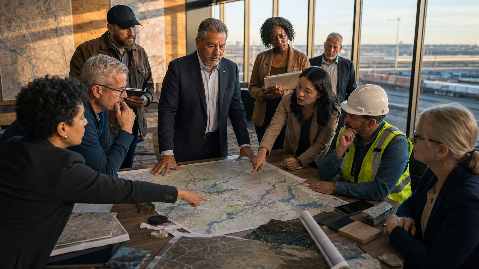 Executives and operating leaders examining competing stakeholder consequences across a regional infrastructure map