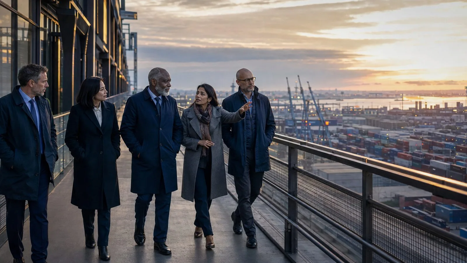 A diverse group of executives walking above a working port while considering the system below