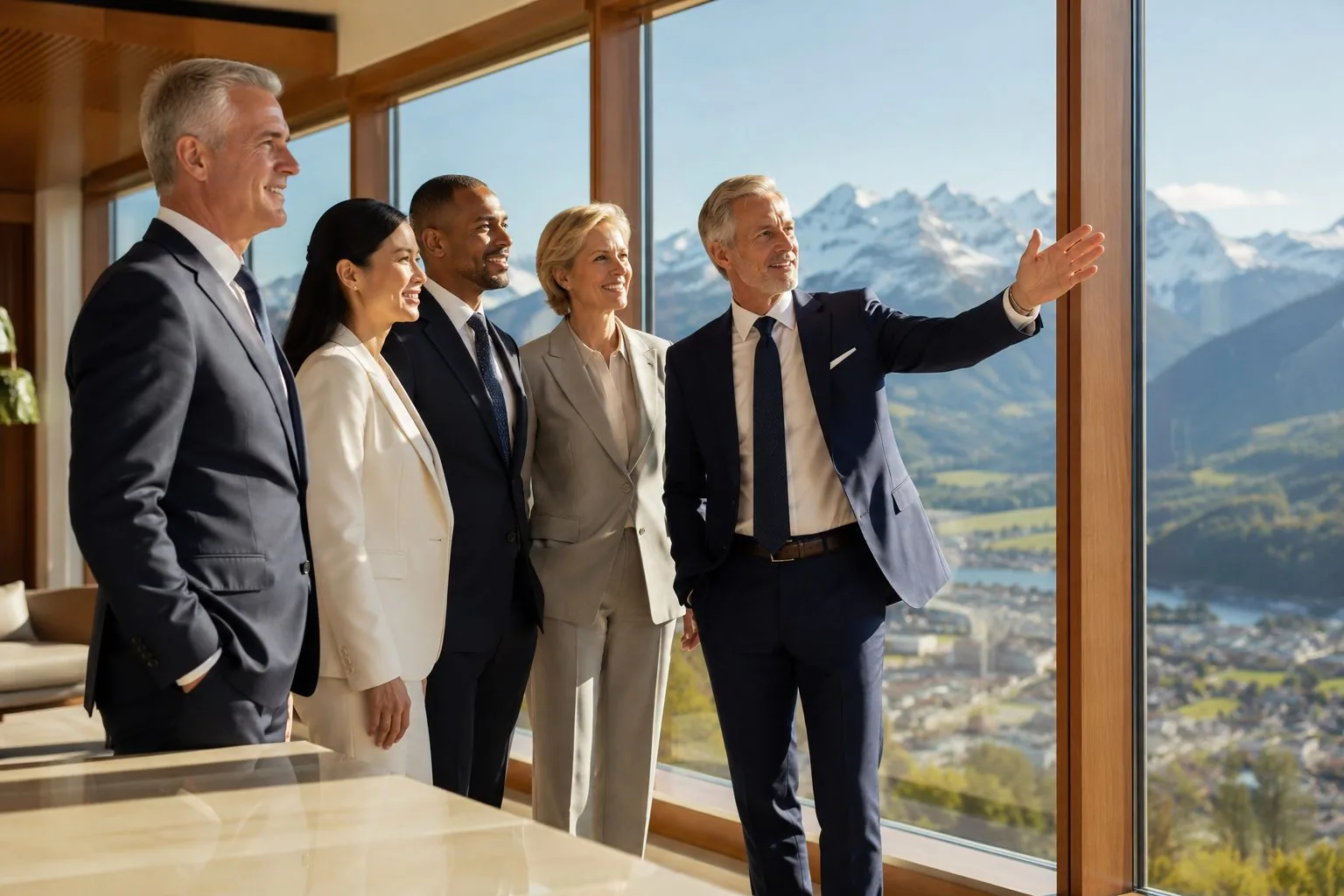 A leadership team looking across a mountain landscape while discussing direction