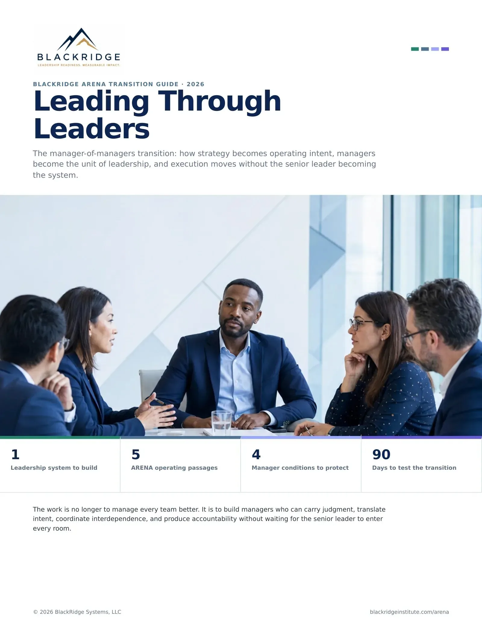 Cover of Leading Through Leaders, the BlackRidge ARENA Transition Guide