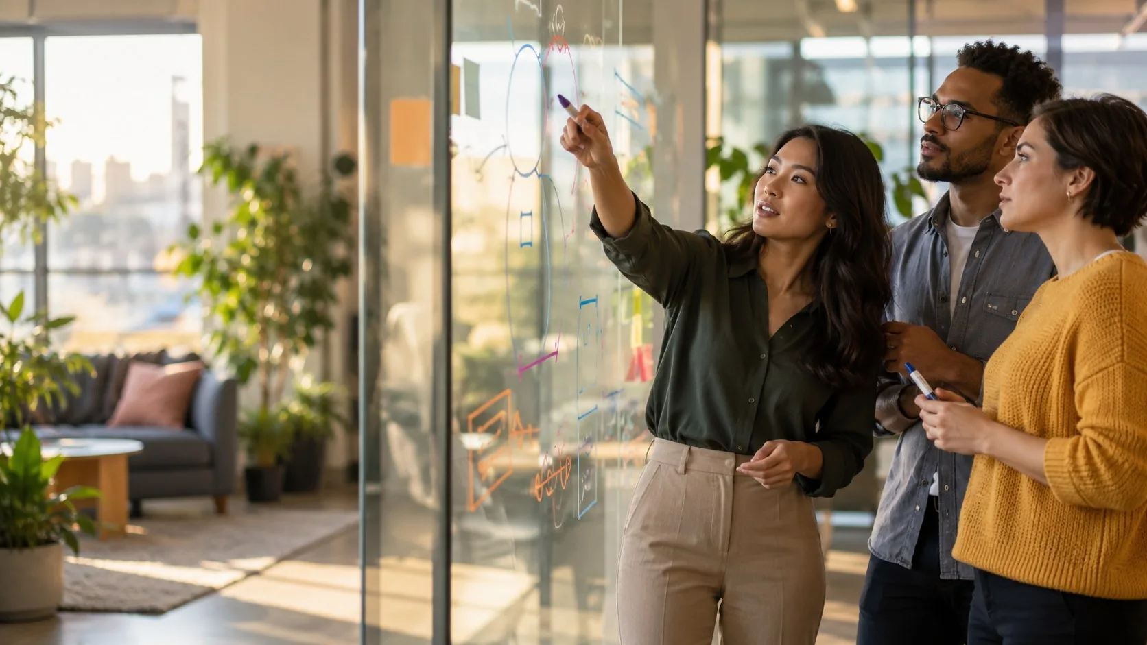 A rising team member leads colleagues through ideas on a glass wall