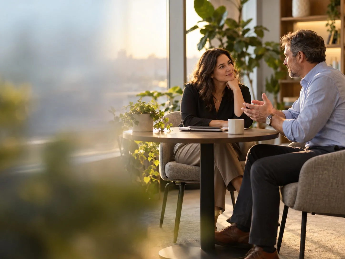 A mentor and a rising leader talk over coffee
