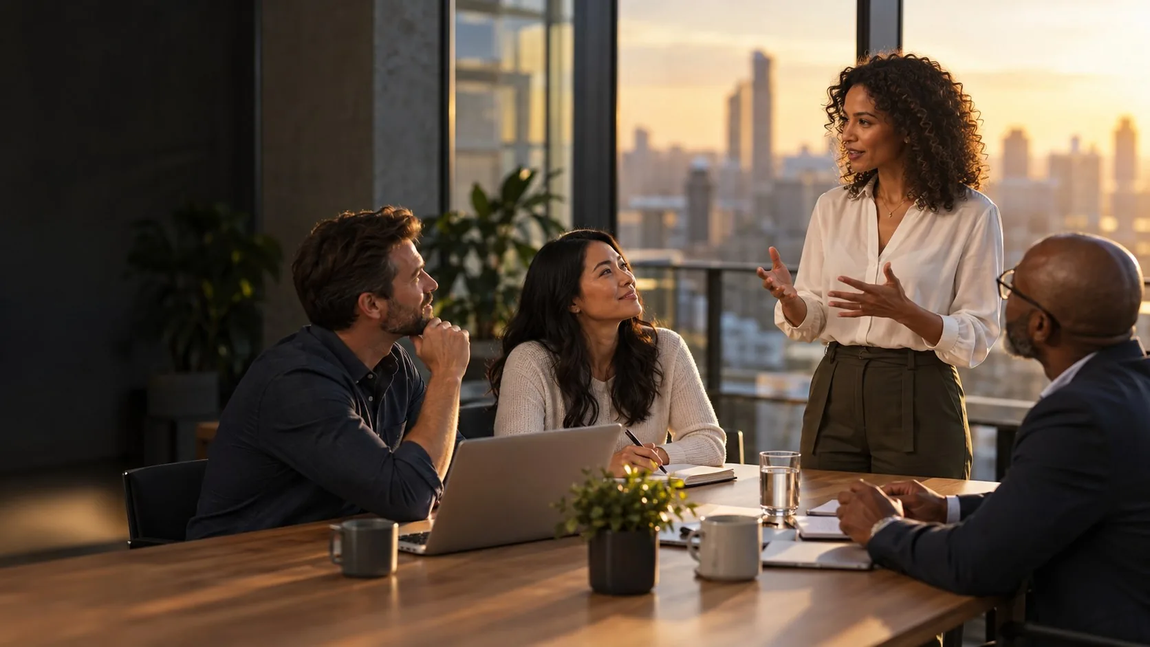 A rising leader runs a team meeting in warm evening light