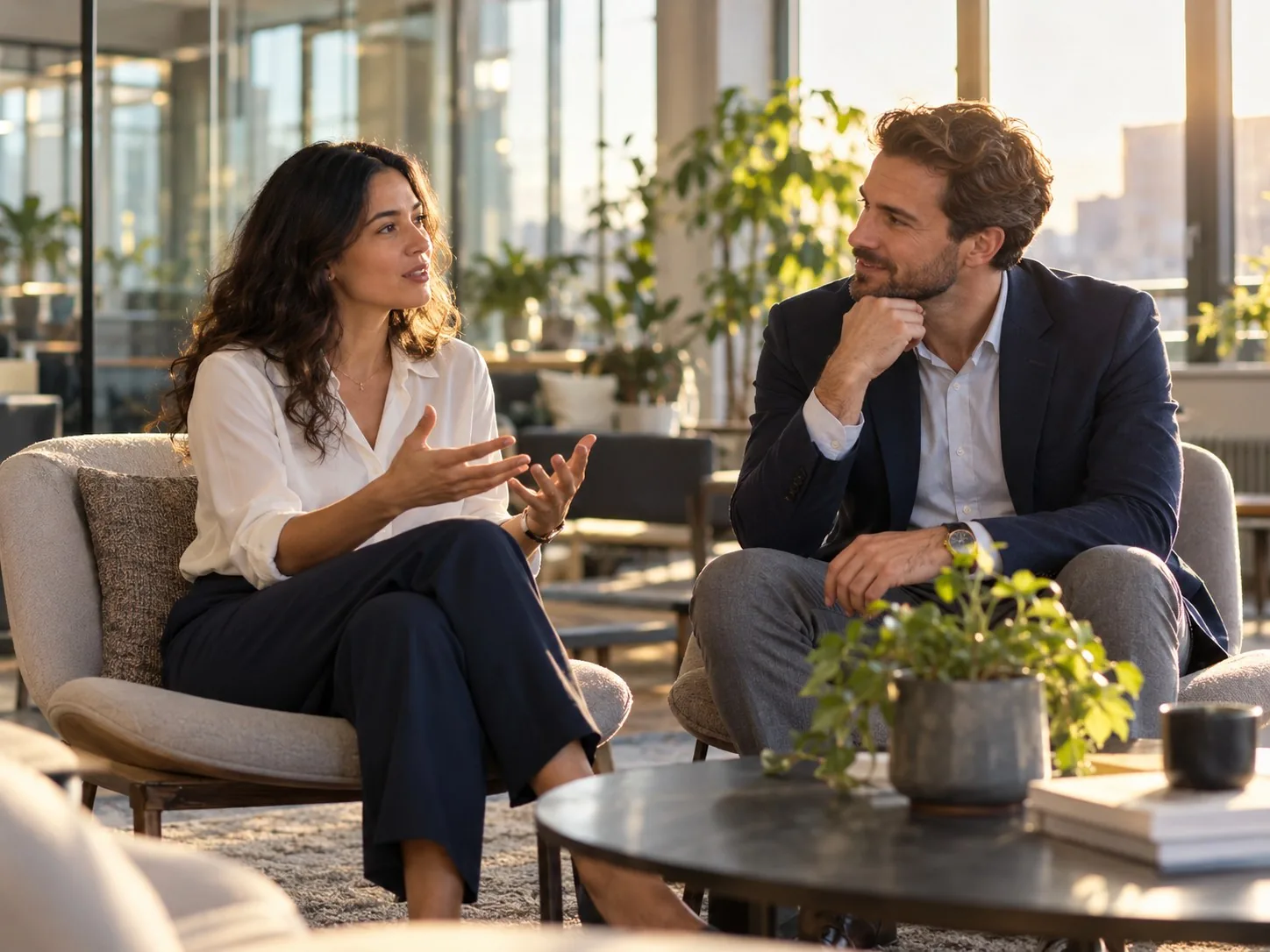 A leader and a team member share an encouraging one-on-one conversation