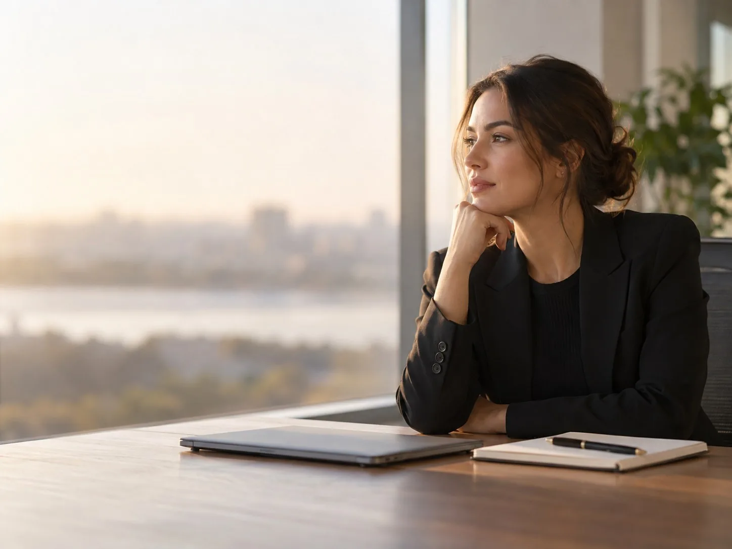 A professional sits by a sunlit window, thinking through her next step