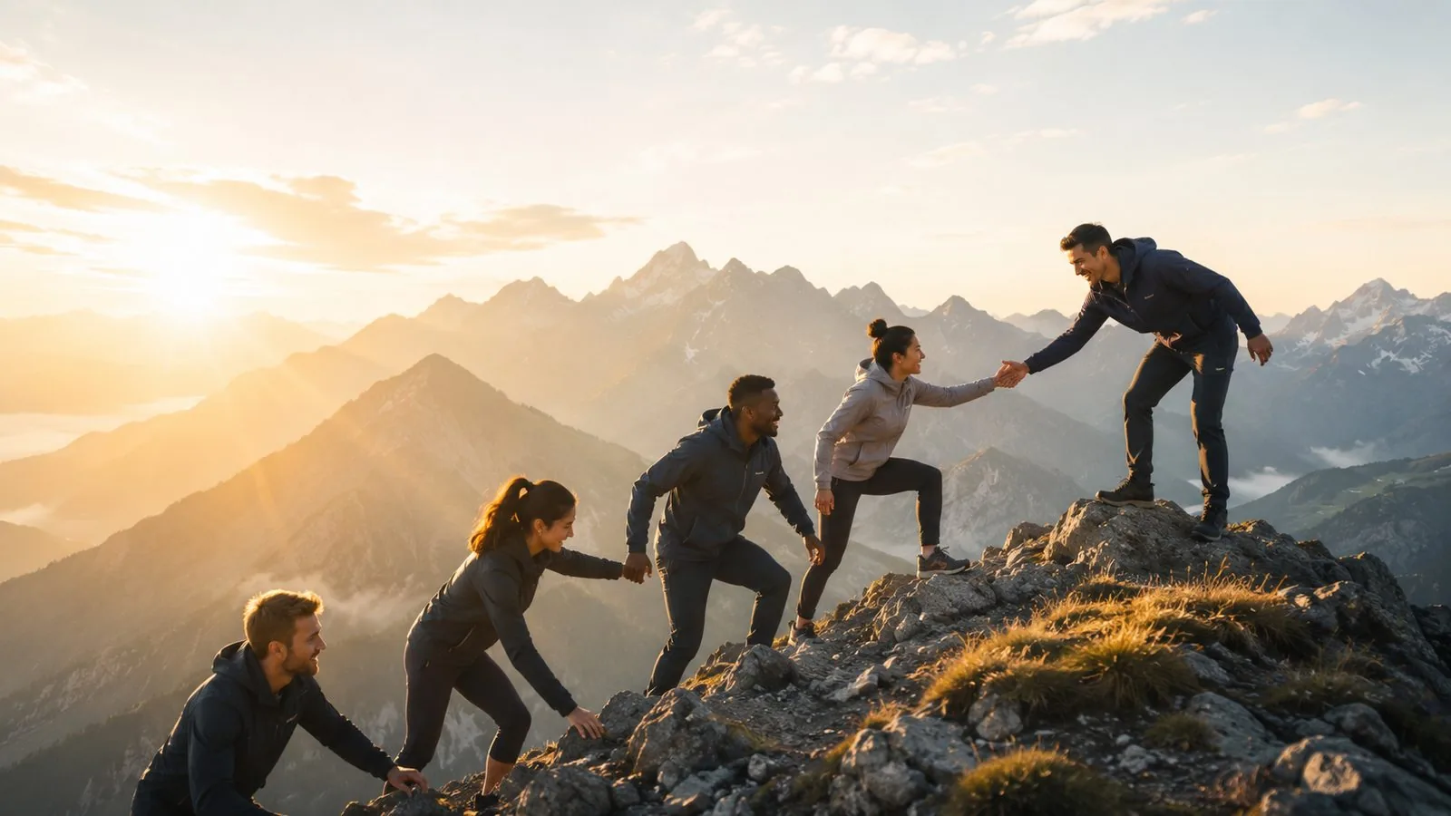 A team helping one another move upward along a mountain ridge